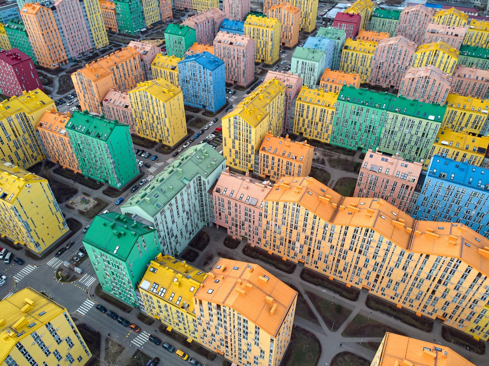 Aerial top view of a drone in the colorful modern city. Comfort town Kyiv Ukraine